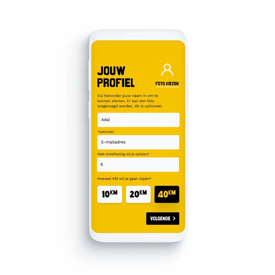 Mobiel met daarop 'Jouw profiel'. Een app voor Stichting Vluchteling.