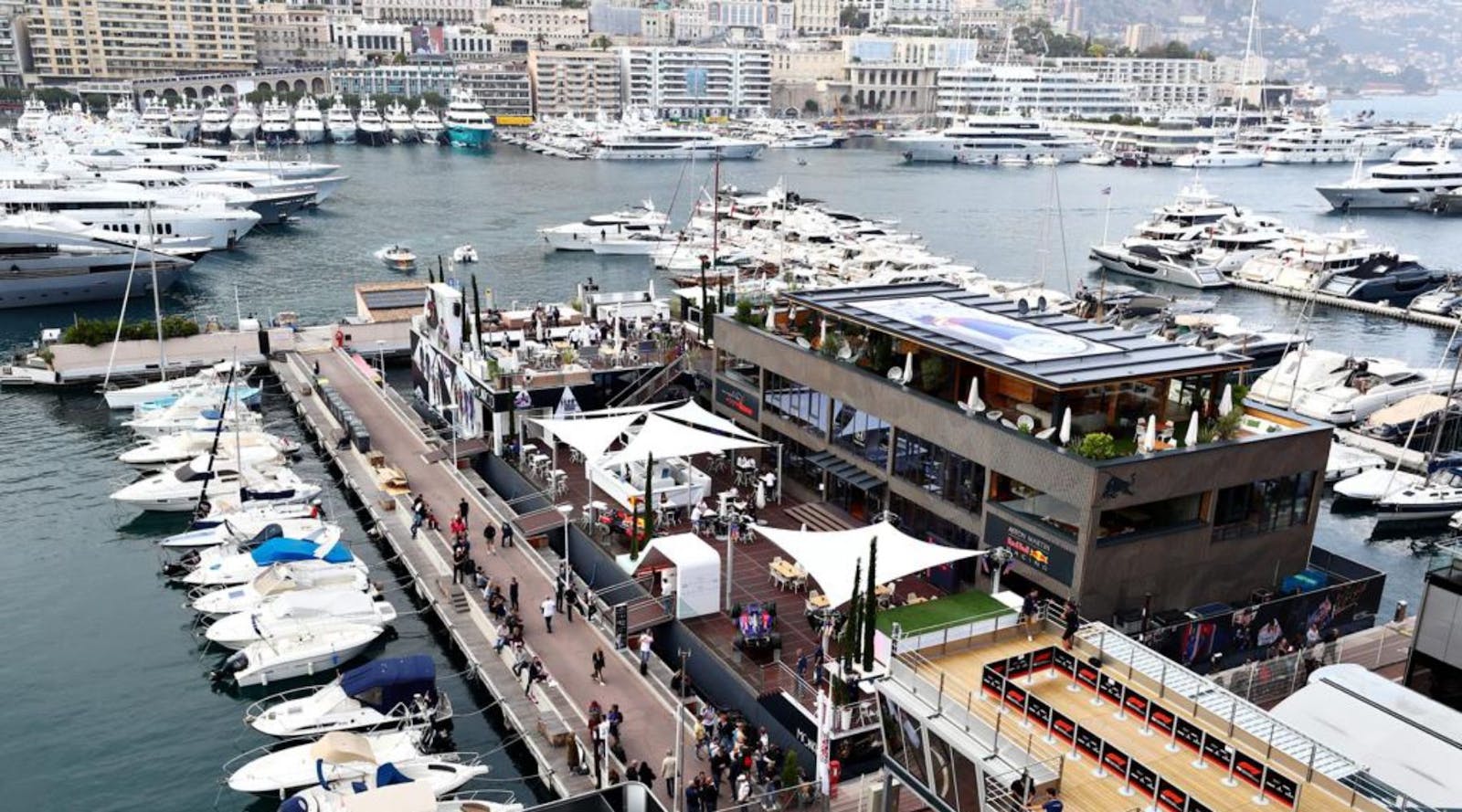 Harbour filled with boats around the floating city for Formula 1. In Monaco, by Aqua events